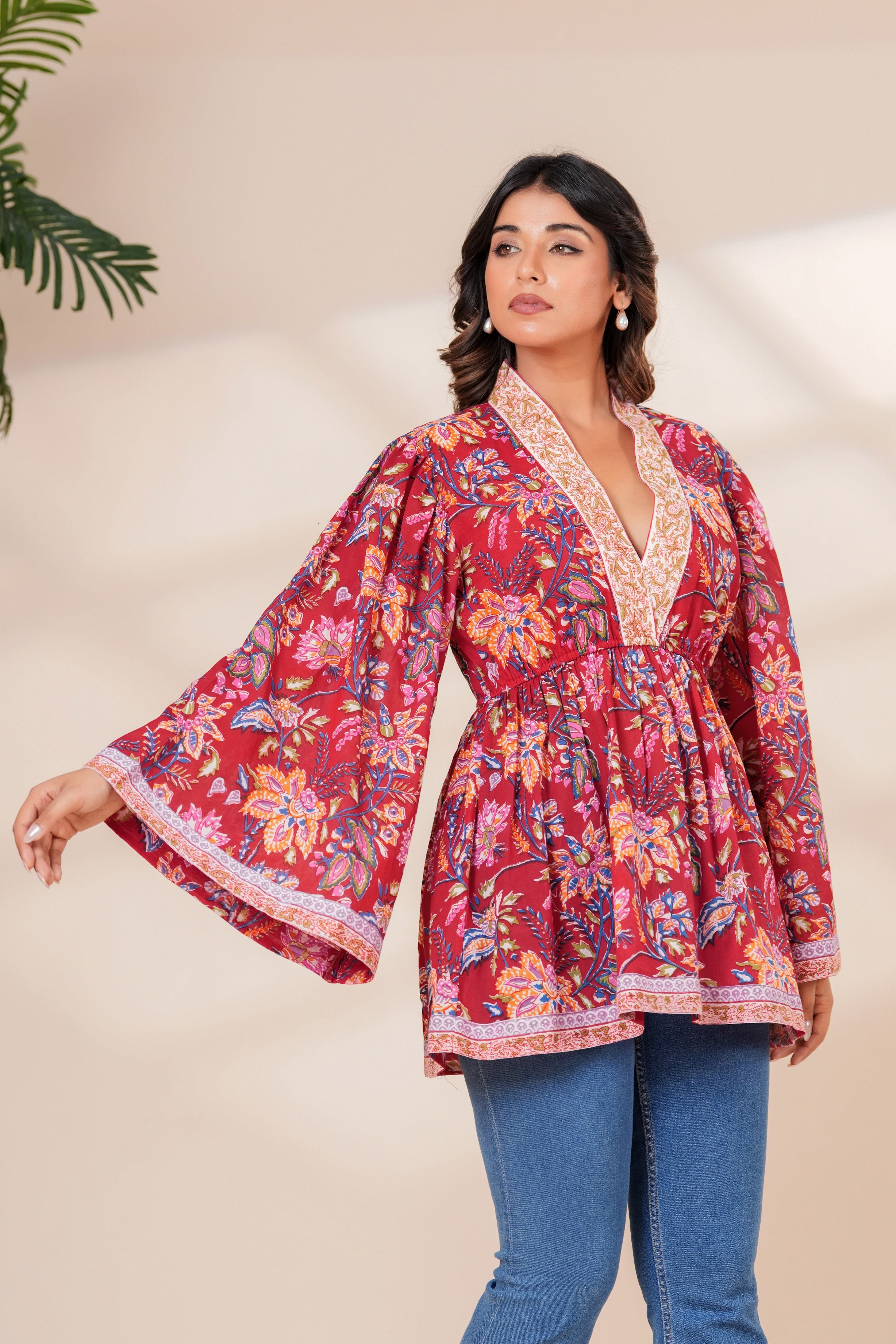 Red Floral Cotton Boho Top with Flared Bell Sleeves