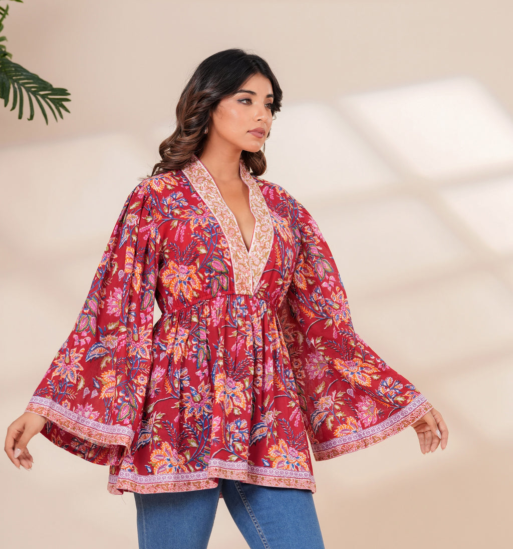 Red Floral Cotton Boho Top with Flared Bell Sleeves