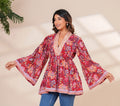 Red Floral Cotton Boho Top with Flared Bell Sleeves