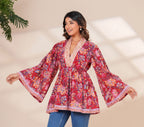 Red Floral Cotton Boho Top with Flared Bell Sleeves