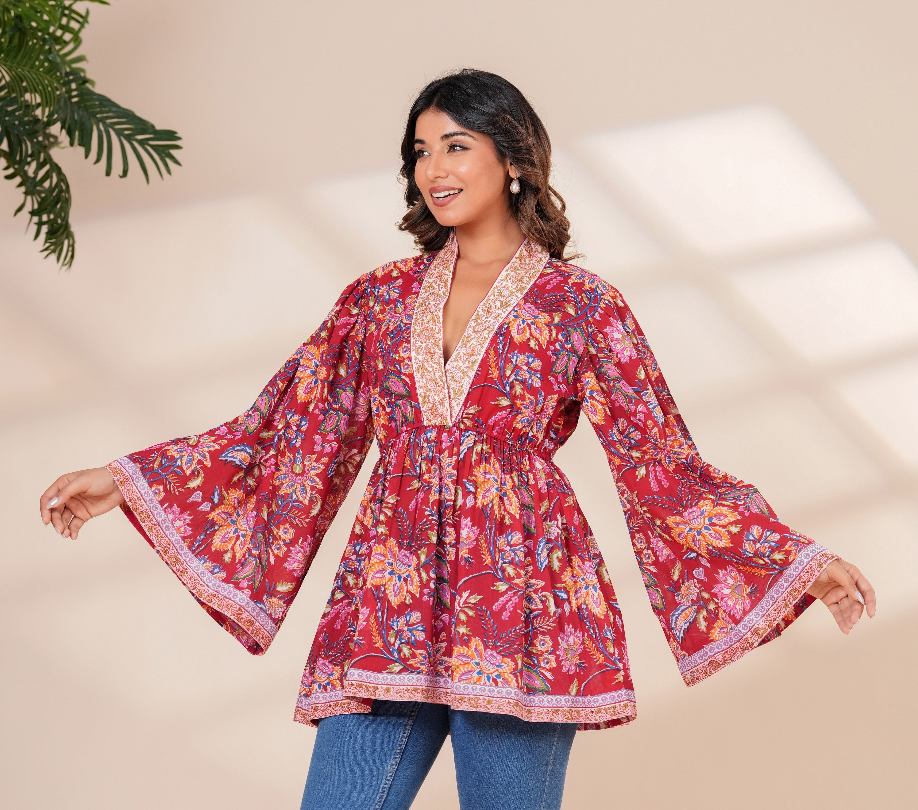 Red Floral Cotton Boho Top with Flared Bell Sleeves