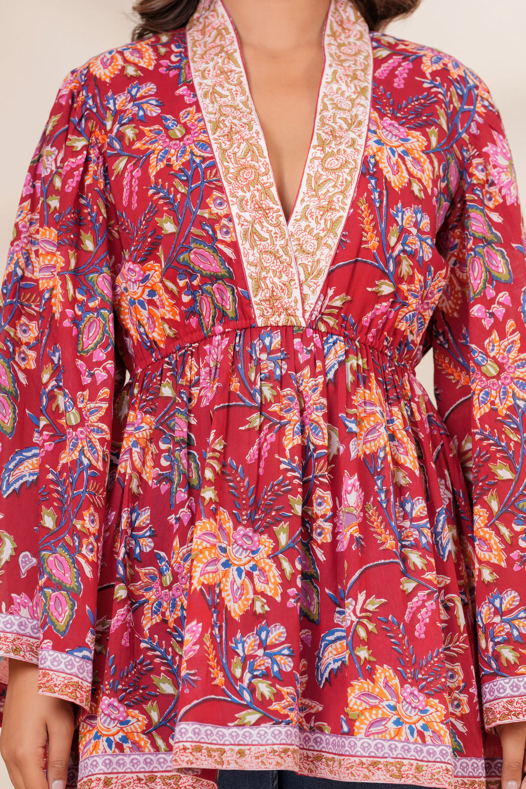 Red Floral Cotton Boho Top with Flared Bell Sleeves