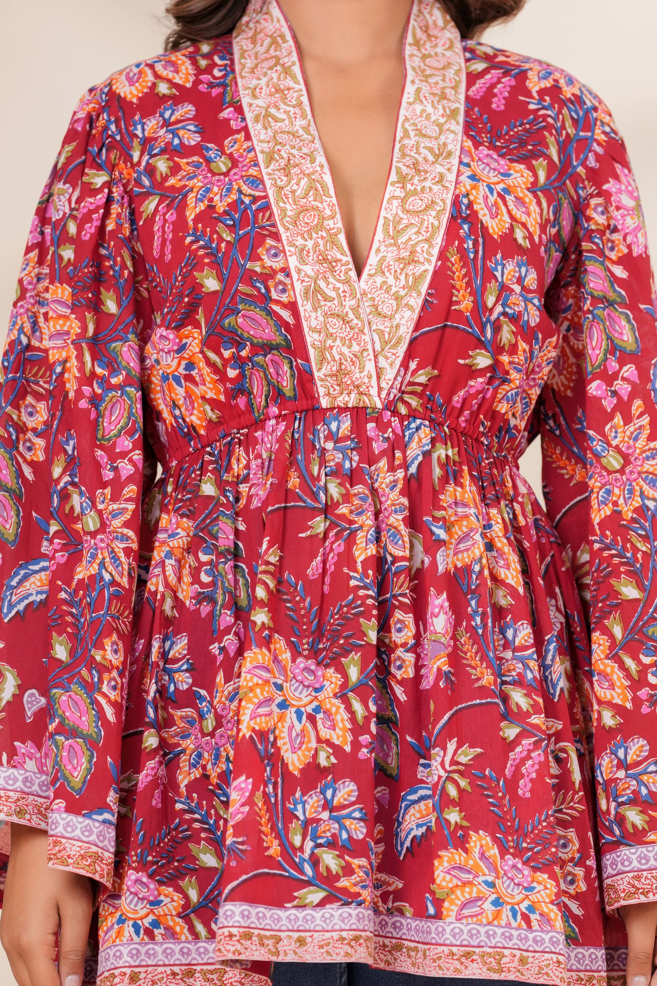 Red Floral Cotton Boho Top with Flared Bell Sleeves