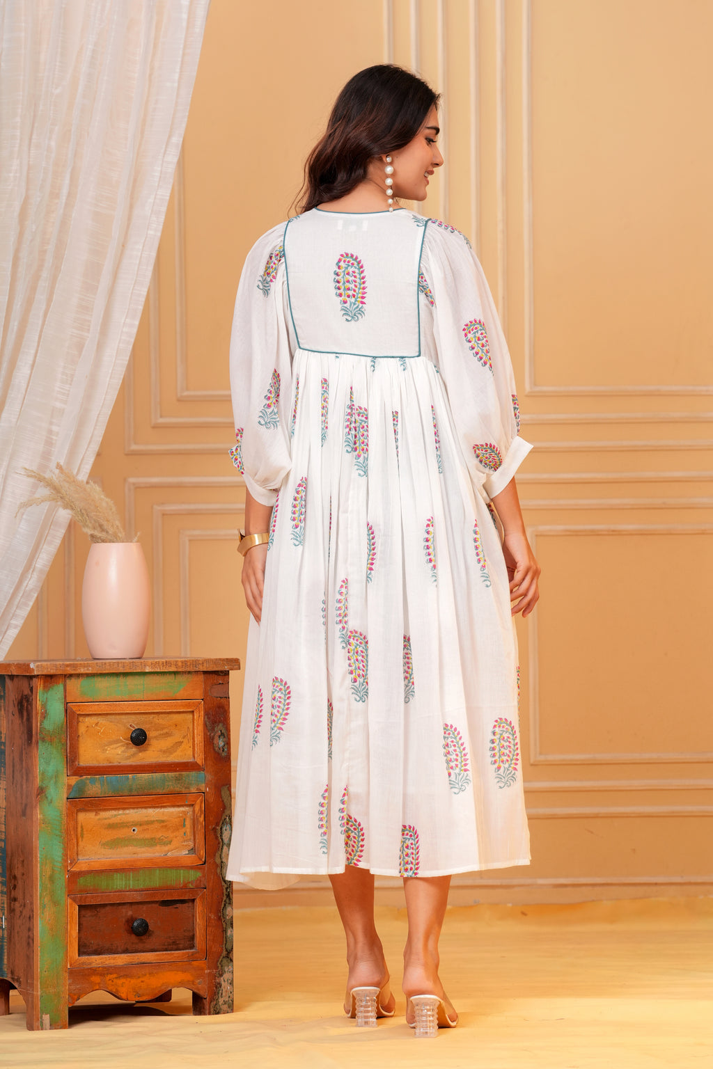 Meera Hand Block Print Cotton Midi Dress | V-Neck with Bishop Sleeves