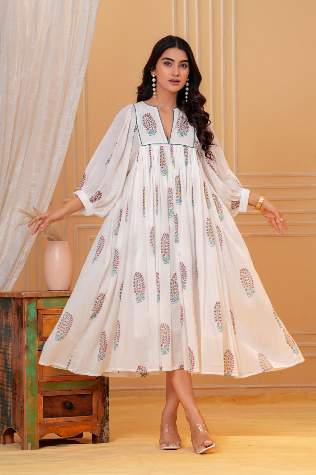 Meera Hand Block Print Cotton Midi Dress | V-Neck with Bishop Sleeves