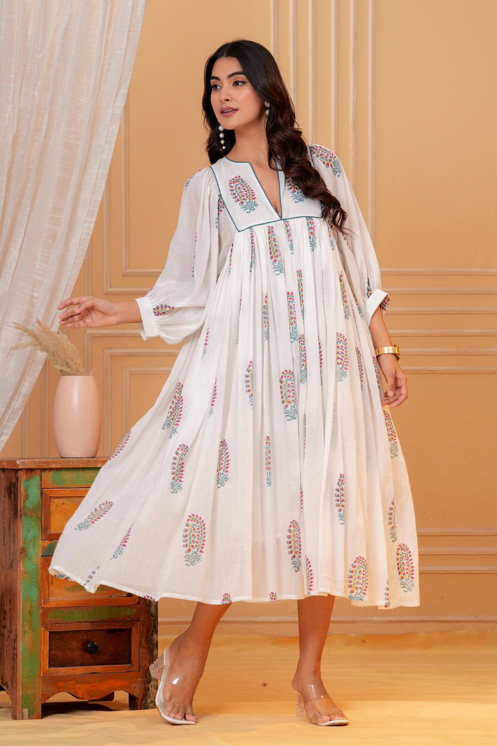 Meera Hand Block Print Cotton Midi Dress | V-Neck with Bishop Sleeves
