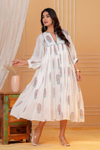 Meera Hand Block Print Cotton Midi Dress | V-Neck with Bishop Sleeves