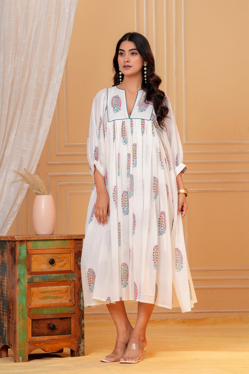Meera Hand Block Print Cotton Midi Dress | V-Neck with Bishop Sleeves