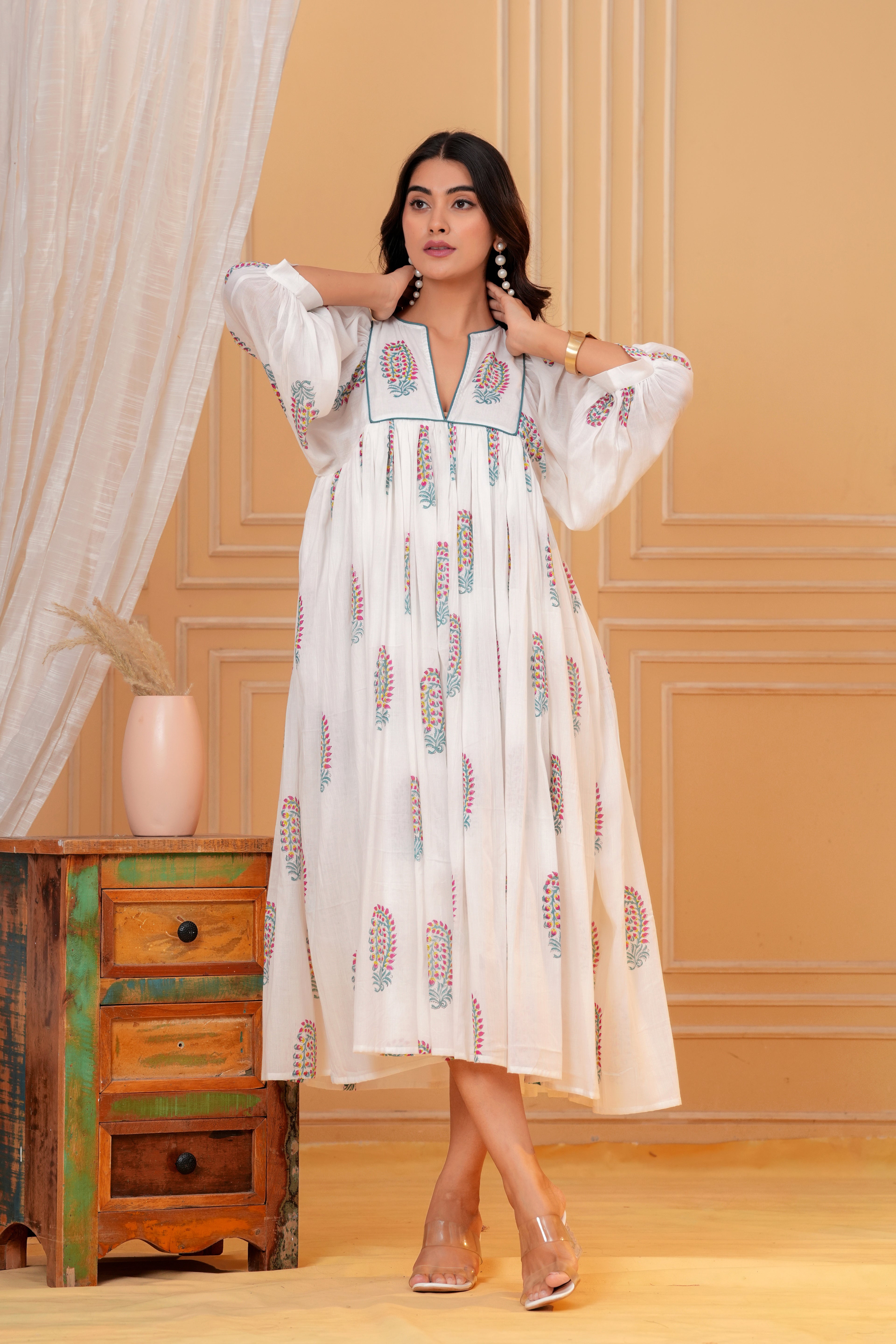 Meera Hand Block Print Cotton Midi Dress | V-Neck with Bishop Sleeves