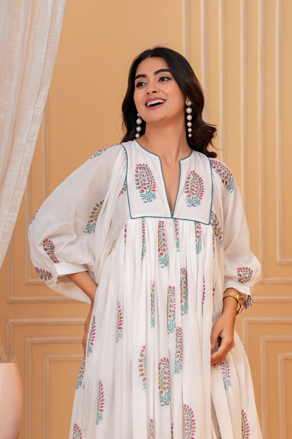 Meera Hand Block Print Cotton Midi Dress | V-Neck with Bishop Sleeves