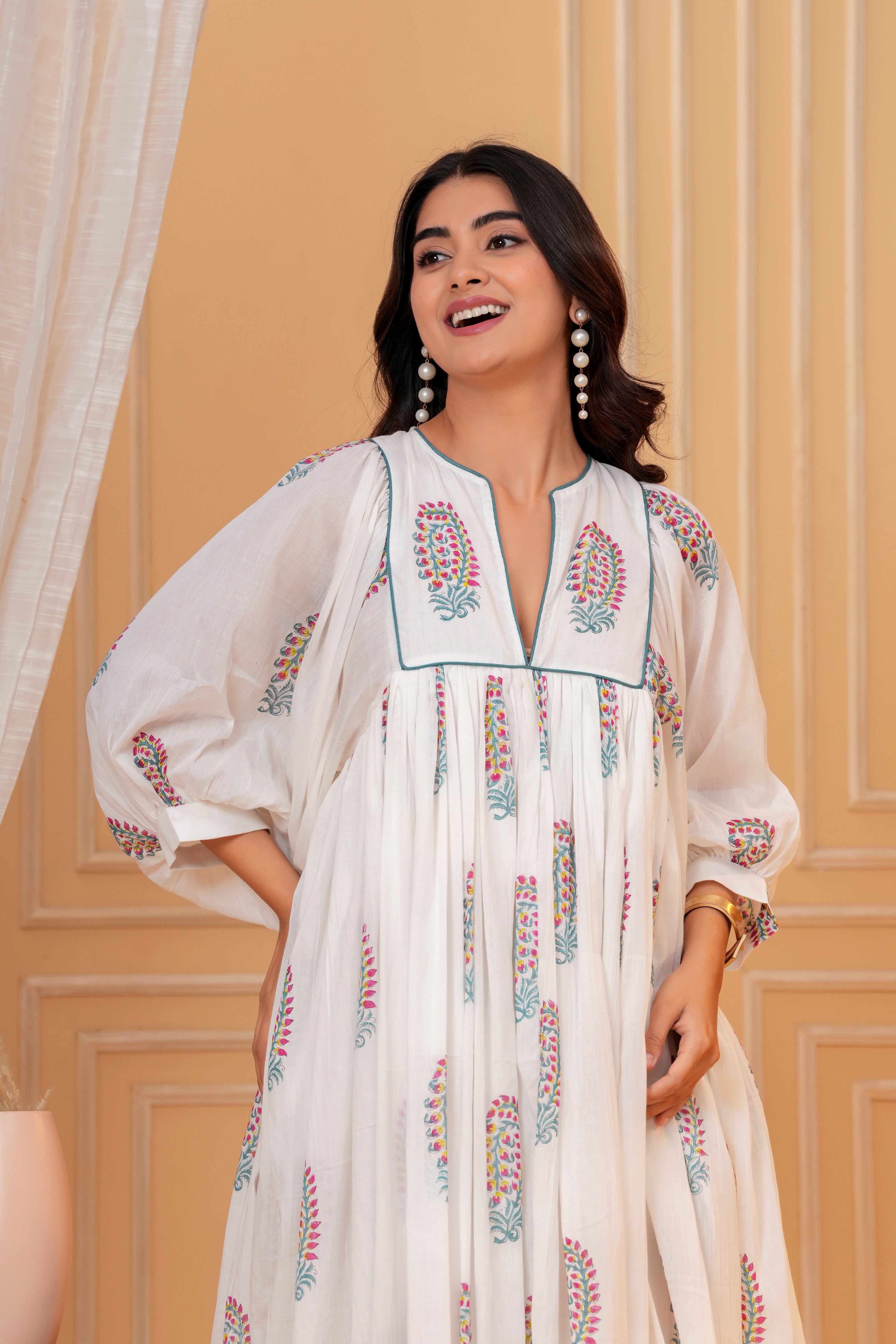 Meera Hand Block Print Cotton Midi Dress | V-Neck with Bishop Sleeves