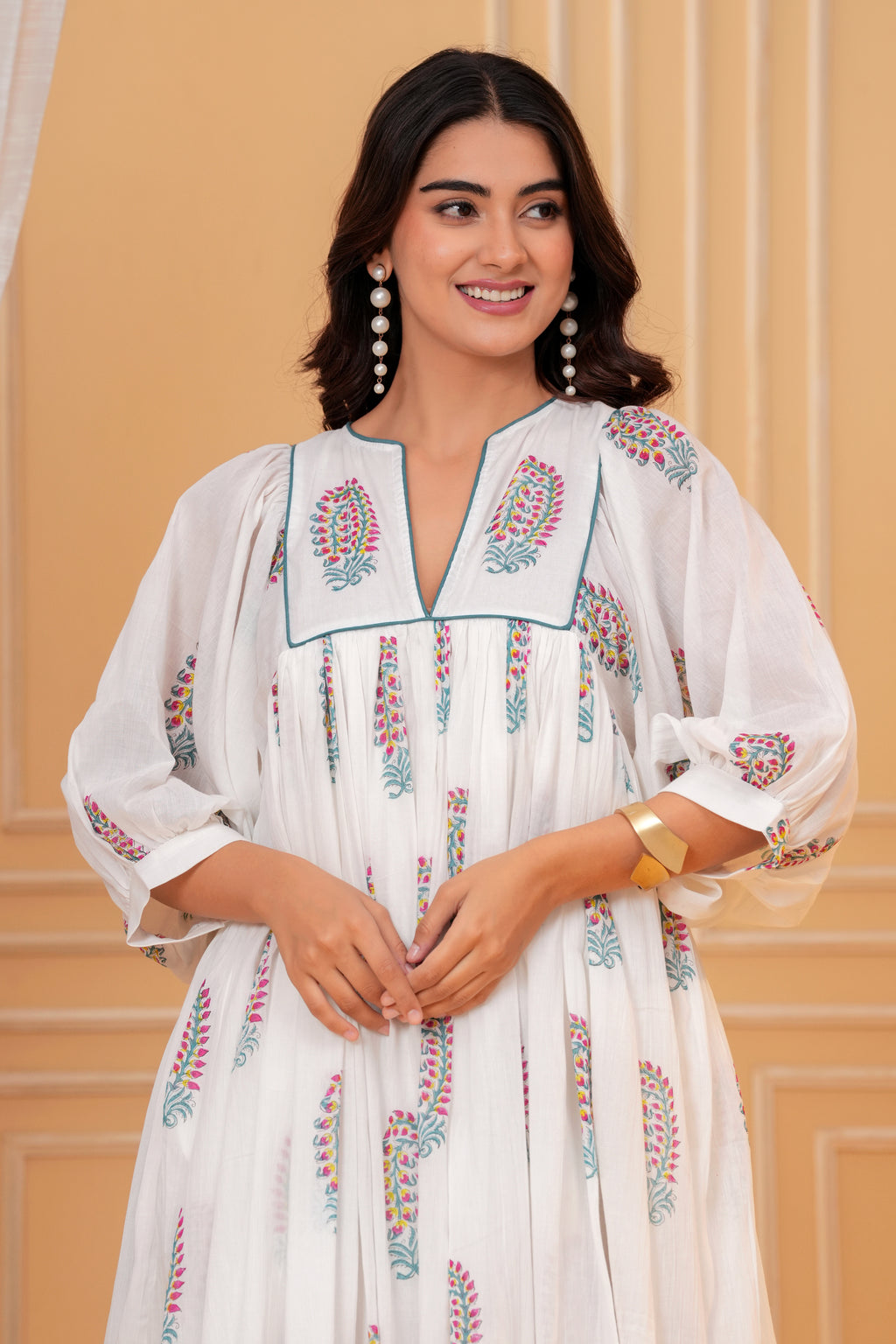 Meera Hand Block Print Cotton Midi Dress | V-Neck with Bishop Sleeves