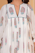 Meera Hand Block Print Cotton Midi Dress | V-Neck with Bishop Sleeves