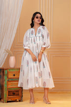 Meera Hand Block Print Cotton Midi Dress | V-Neck with Bishop Sleeves