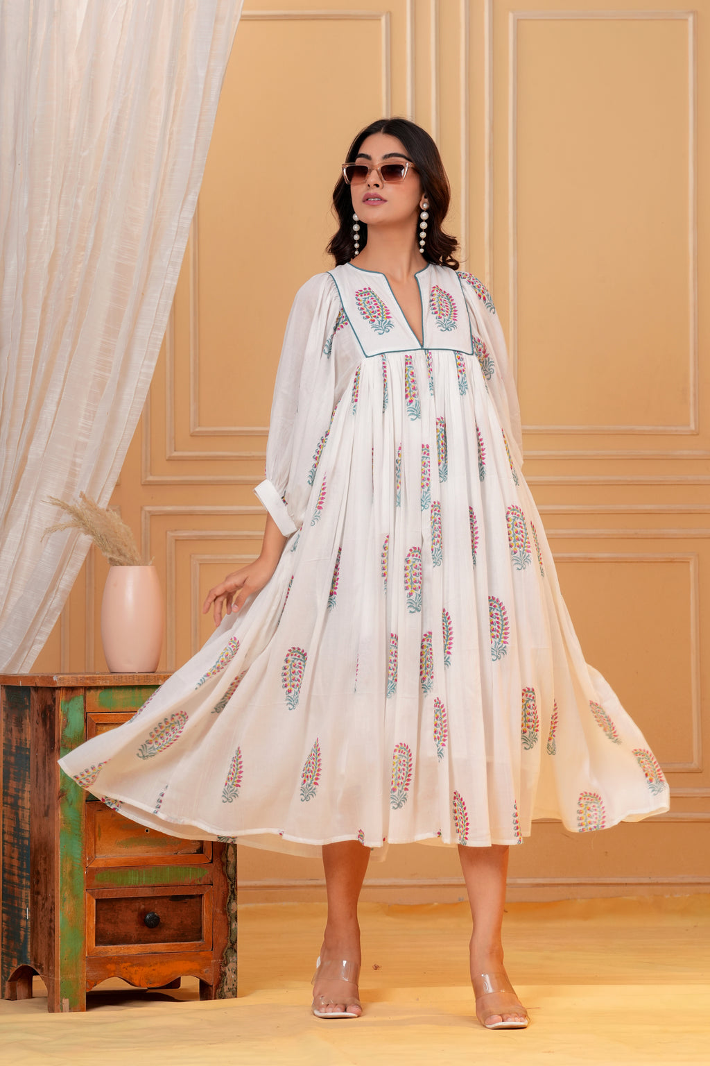 Meera Hand Block Print Cotton Midi Dress | V-Neck with Bishop Sleeves