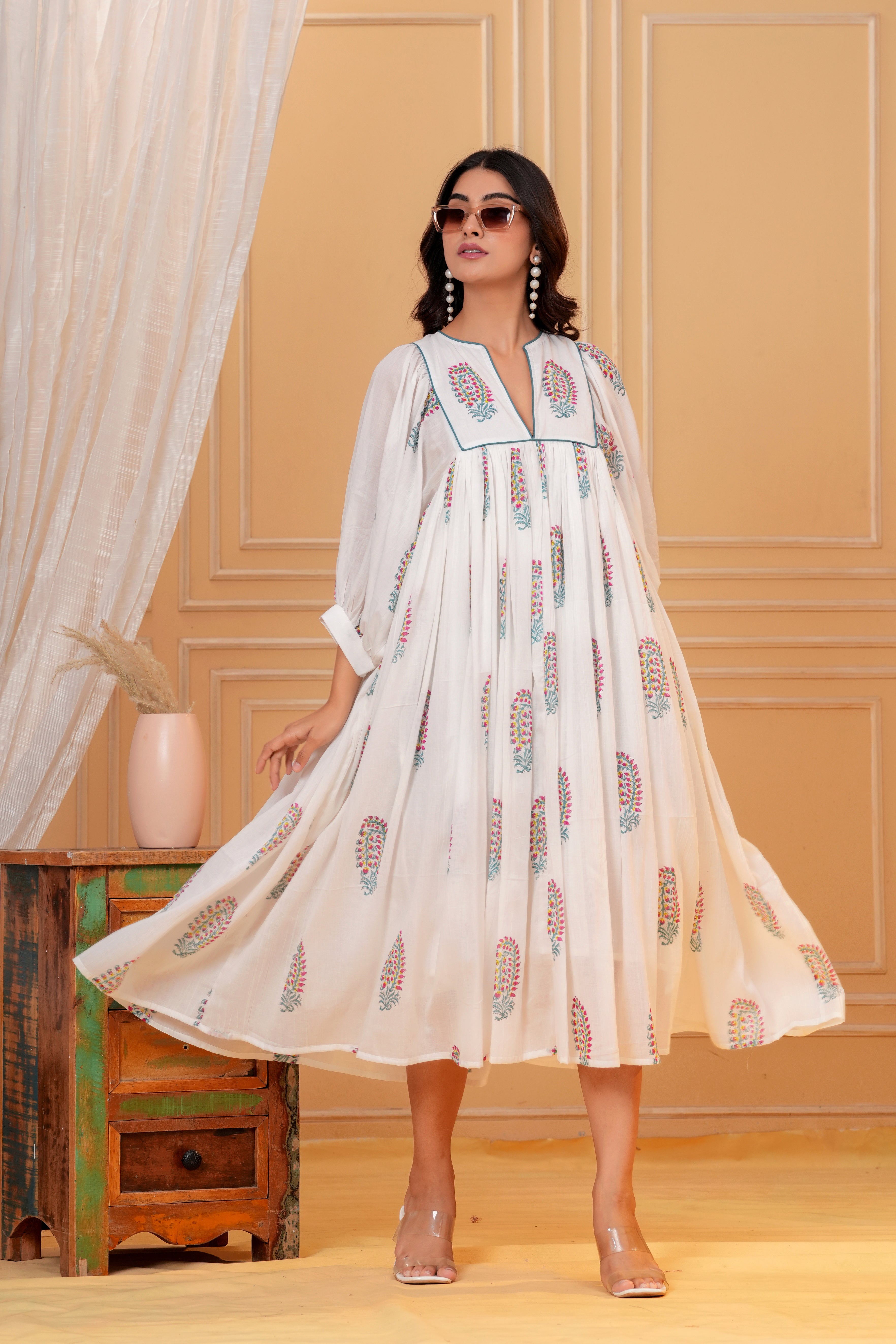 Meera Hand Block Print Cotton Midi Dress | V-Neck with Bishop Sleeves