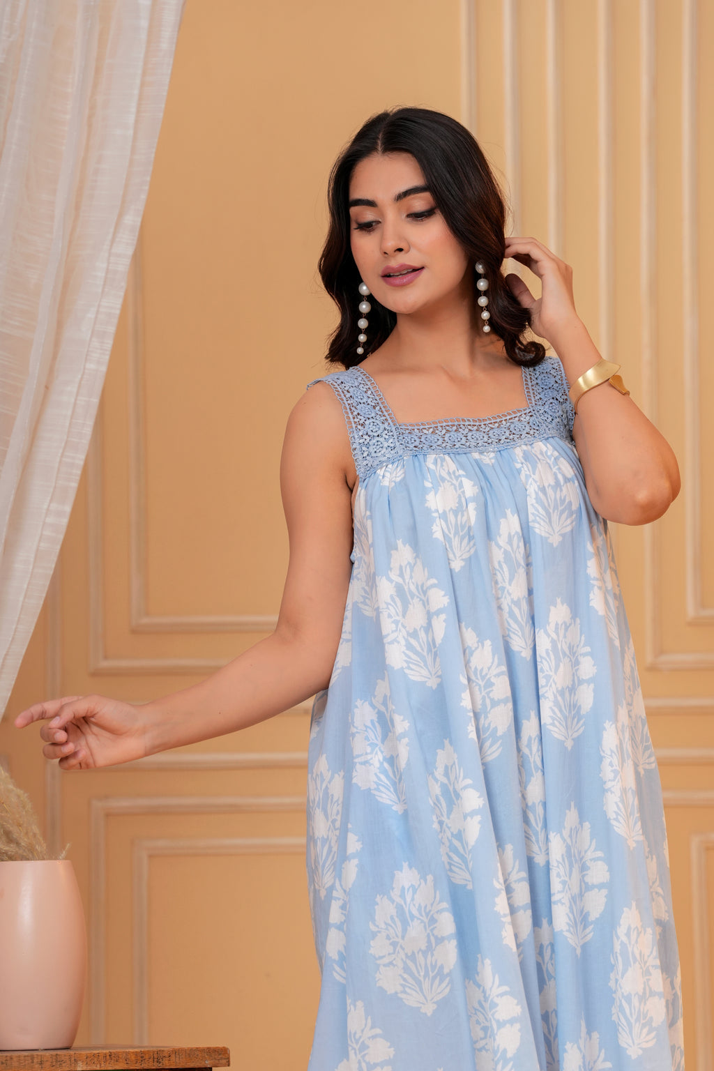 Lavani Hand Block Print Cotton Maxi Dress | Crochet Lace Square Neck