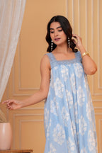 Lavani Hand Block Print Cotton Maxi Dress | Crochet Lace Square Neck