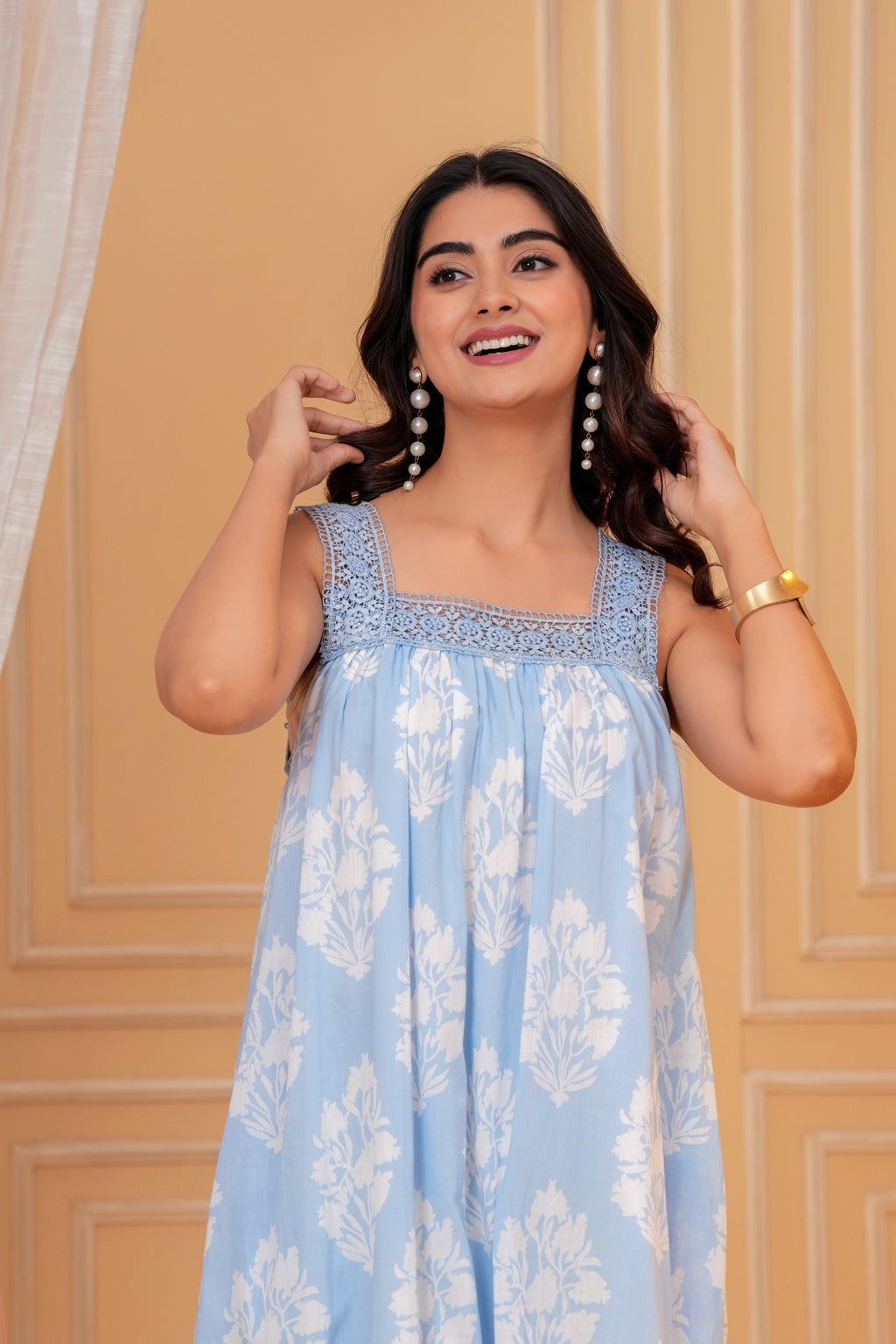 Lavani Hand Block Print Cotton Maxi Dress | Crochet Lace Square Neck