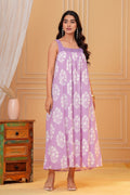 Lavani Hand Block Print Cotton Maxi Dress | Crochet Lace Square Neck Purple