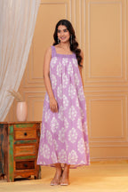 Lavani Hand Block Print Cotton Maxi Dress | Crochet Lace Square Neck