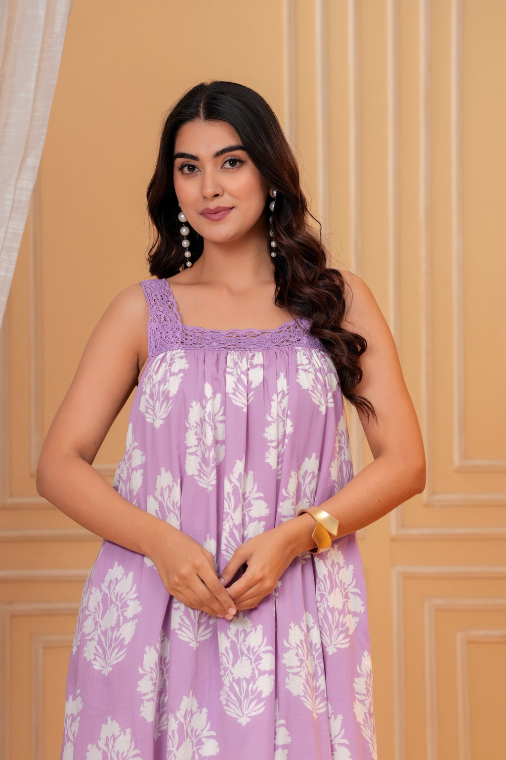 Lavani Hand Block Print Cotton Maxi Dress | Crochet Lace Square Neck