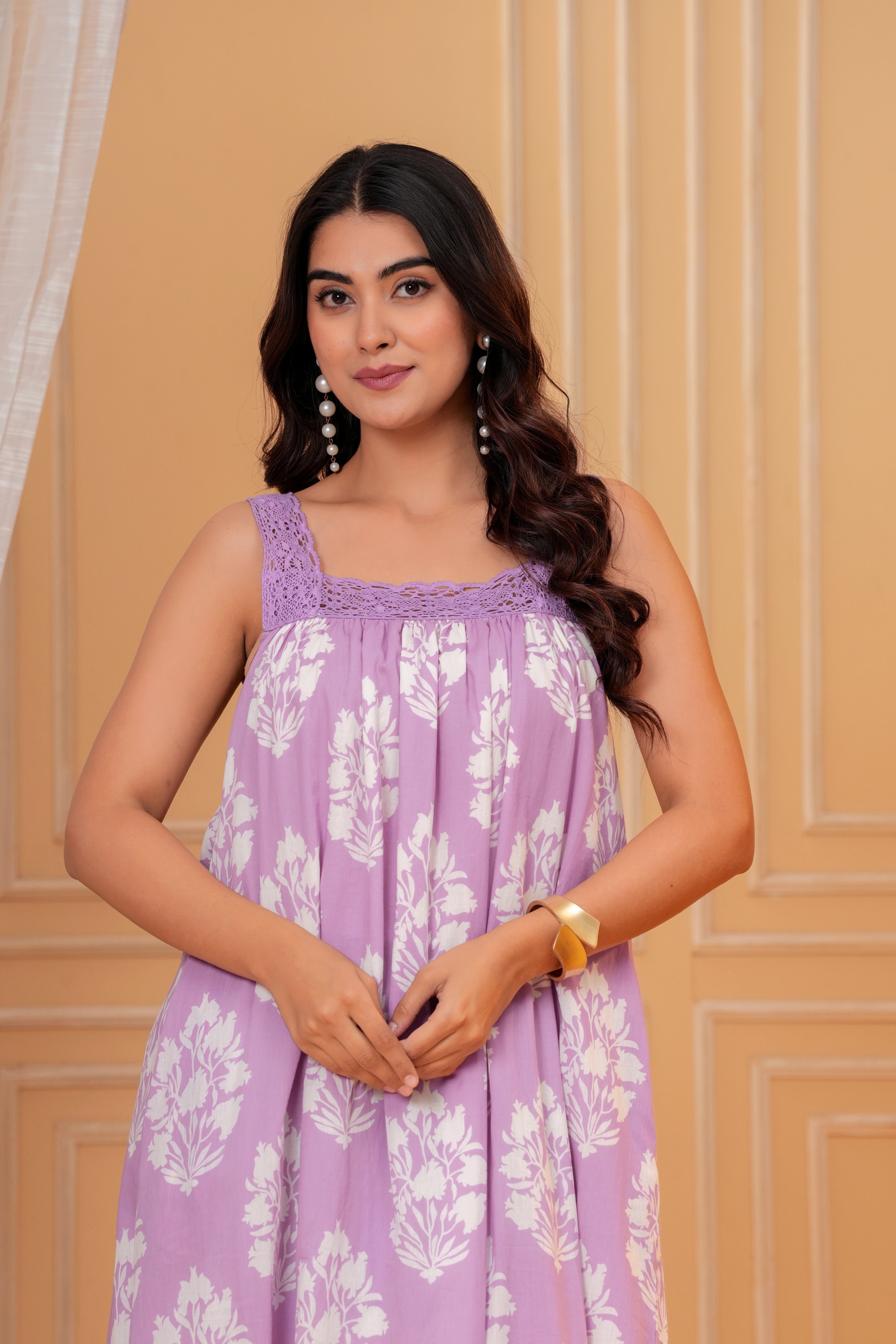Lavani Hand Block Print Cotton Maxi Dress | Crochet Lace Square Neck