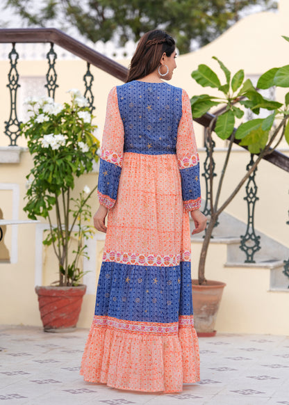 Introducing Hand block Printed Orange Blue Maxi Dress