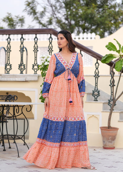 Introducing Hand block Printed Orange Blue Maxi Dress