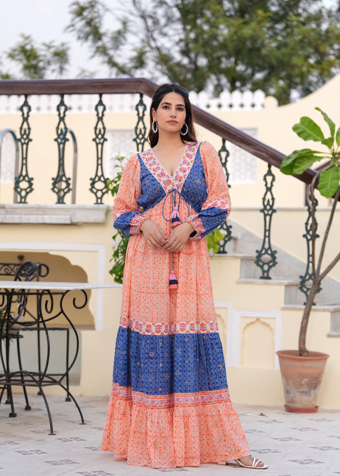 Introducing Hand block Printed Orange Blue Maxi Dress