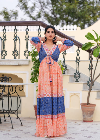 Introducing Hand block Printed Orange Blue Maxi Dress