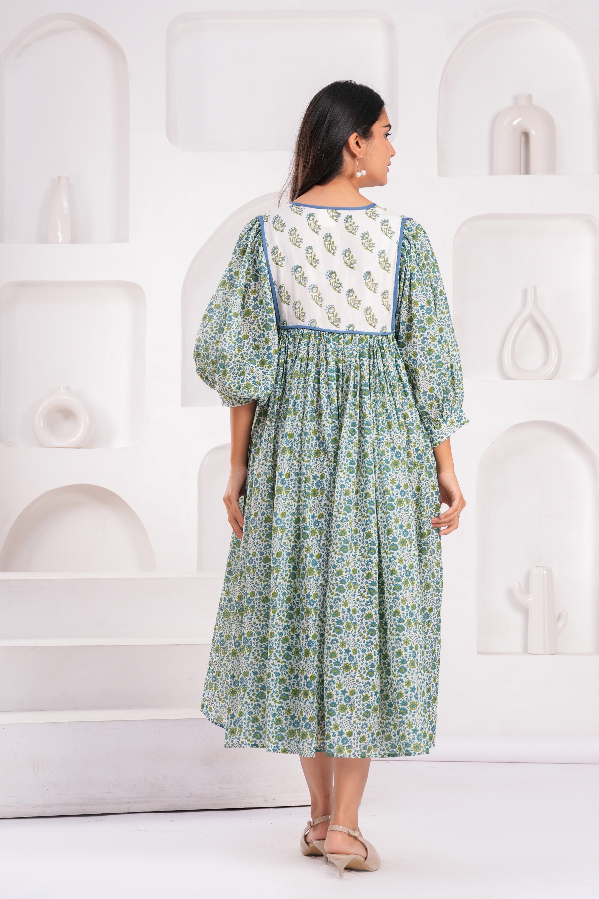 Hand Block Printed Hailey Midi Dress~ Aqua Green thejaipurart.com Hand Block Printed Hailey Midi Dress~ Aqua Green thejaipurart.com