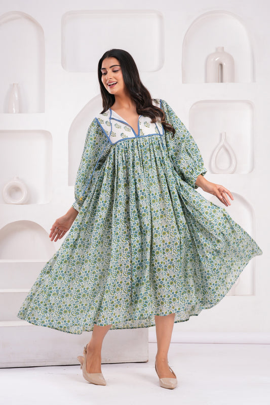 Hand Block Printed Hailey Midi Dress~ Aqua Green