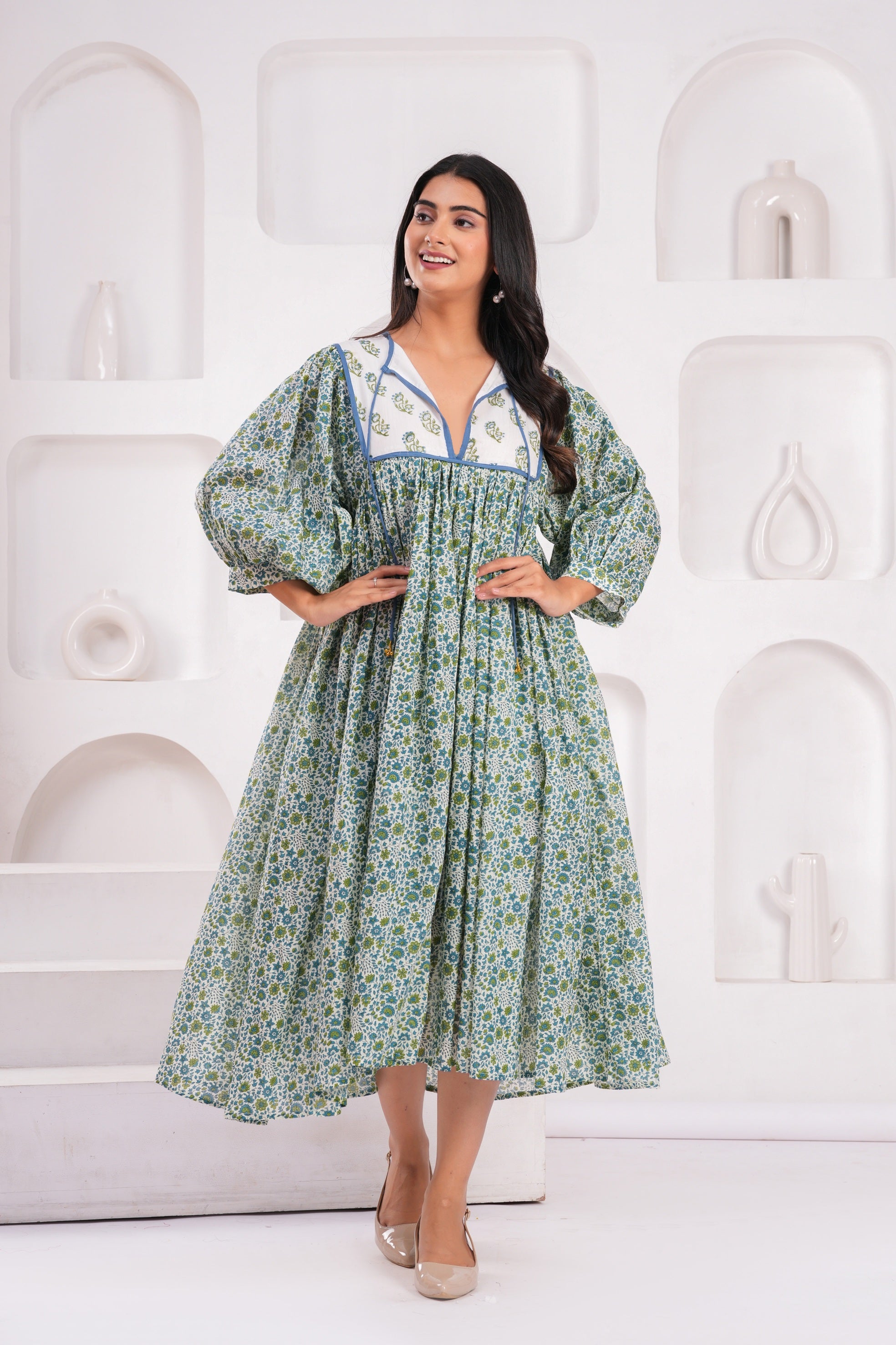 Hand Block Printed Cotton Hailey Midi Dress