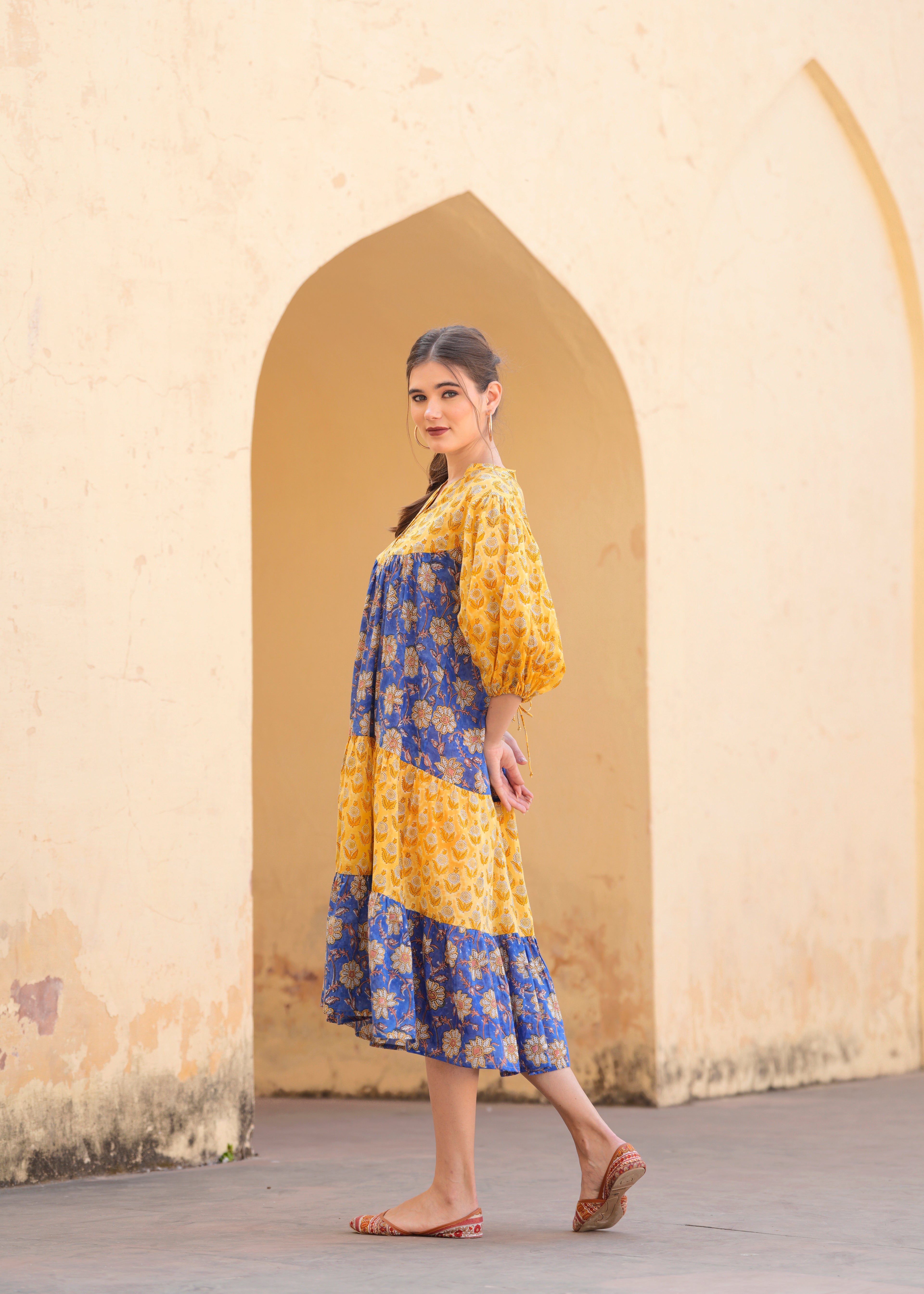Introducing Beautiful Hand Block printed Yellow Blue Prachi Midi Dress