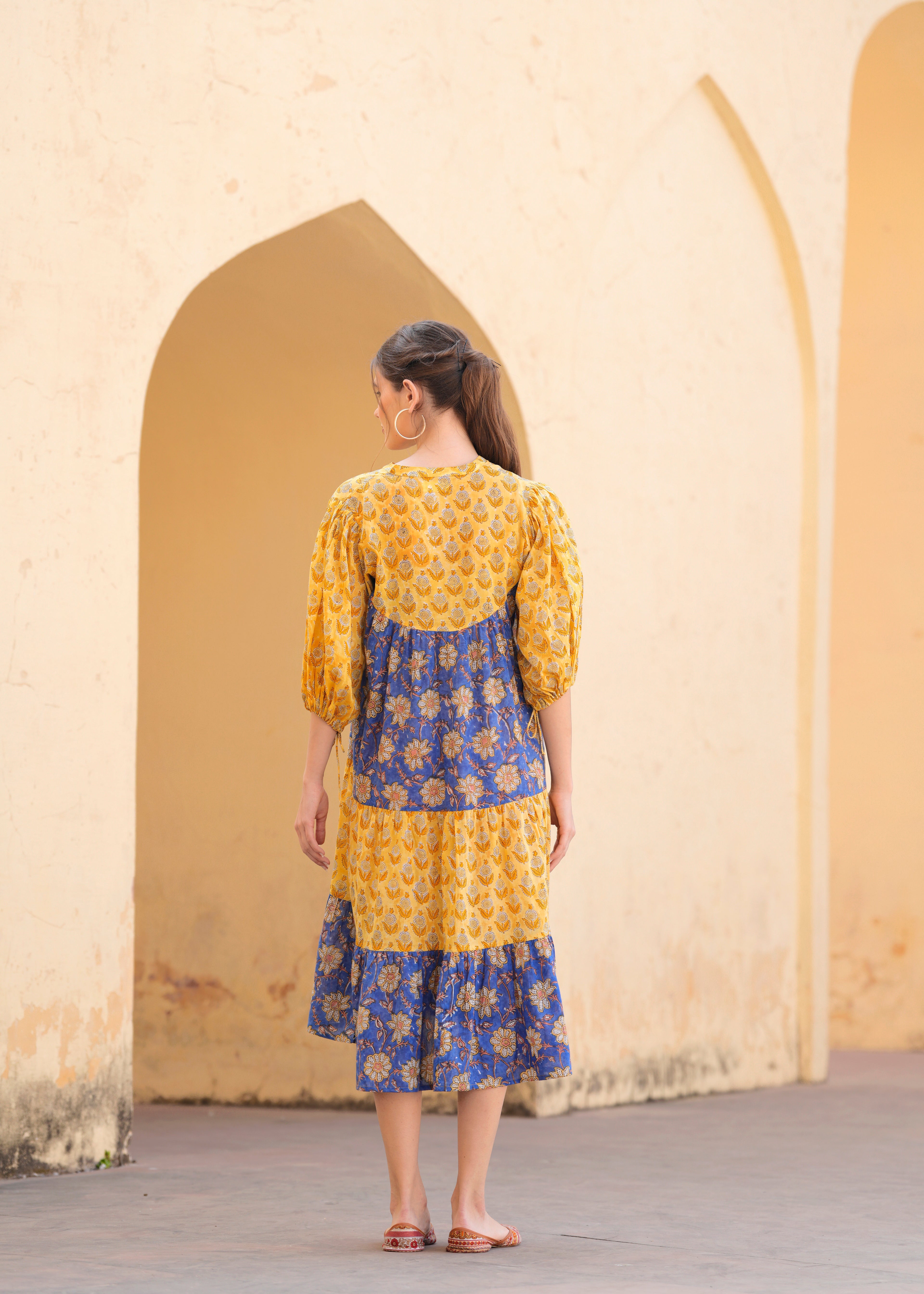 Introducing Beautiful Hand Block printed Yellow Blue Prachi Midi Dress