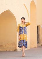 Introducing Beautiful Hand Block printed Yellow Blue Prachi Midi Dress