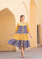 Introducing Beautiful Hand Block printed Yellow Blue Prachi Midi Dress