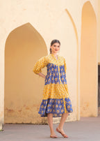 Introducing Beautiful Hand Block printed Yellow Blue Prachi Midi Dress