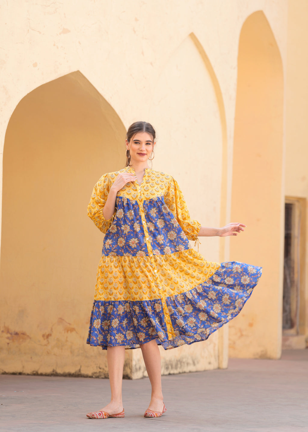 Introducing Beautiful Hand Block printed Yellow Blue Prachi Midi Dress