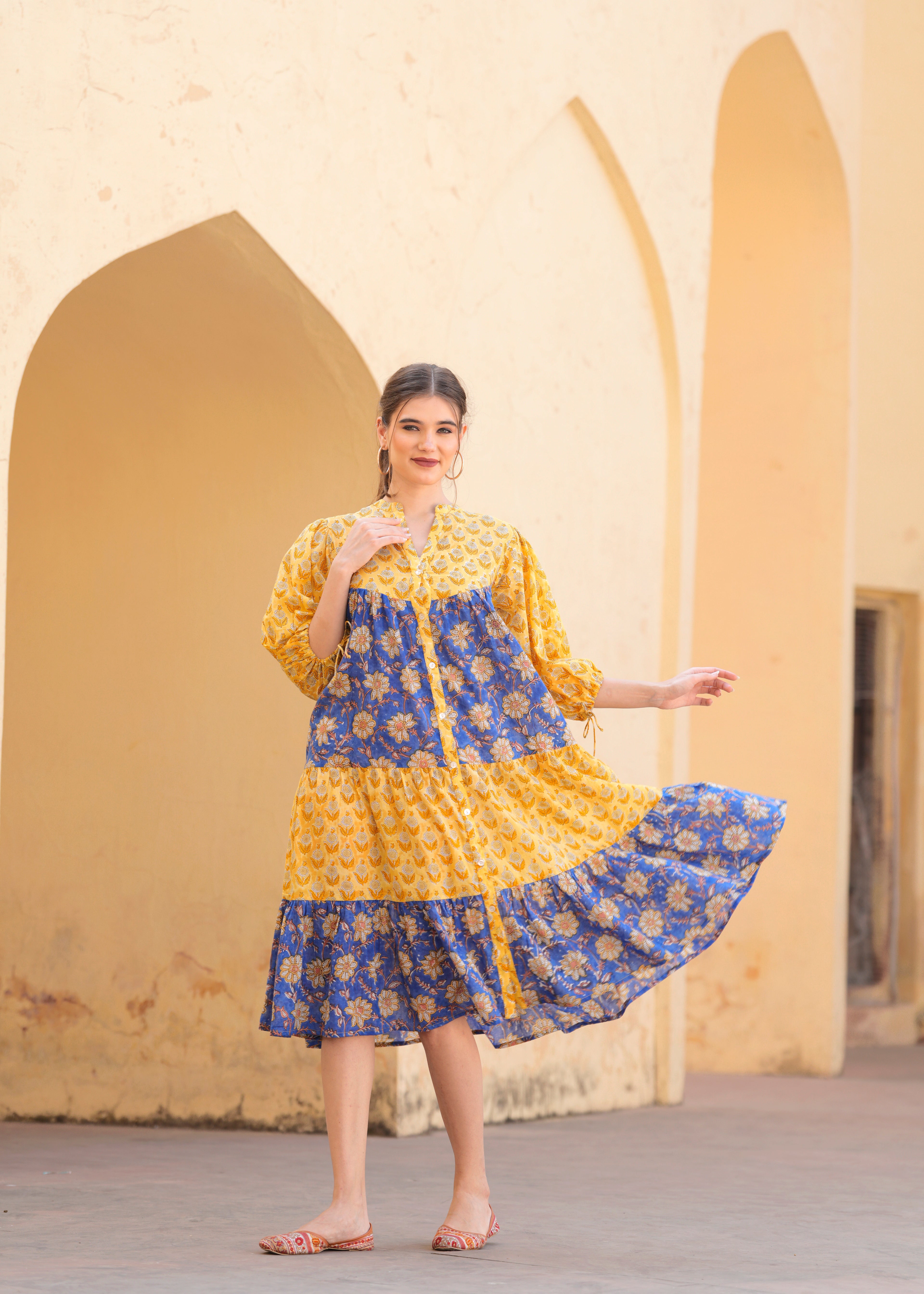 Introducing Beautiful Hand Block printed Yellow Blue Prachi Midi Dress