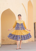 Introducing Beautiful Hand Block printed Yellow Blue Prachi Midi Dress