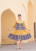 Introducing Beautiful Hand Block printed Yellow Blue Prachi Midi Dress