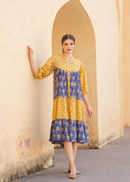 Introducing Beautiful Hand Block printed Yellow Blue Prachi Midi Dress
