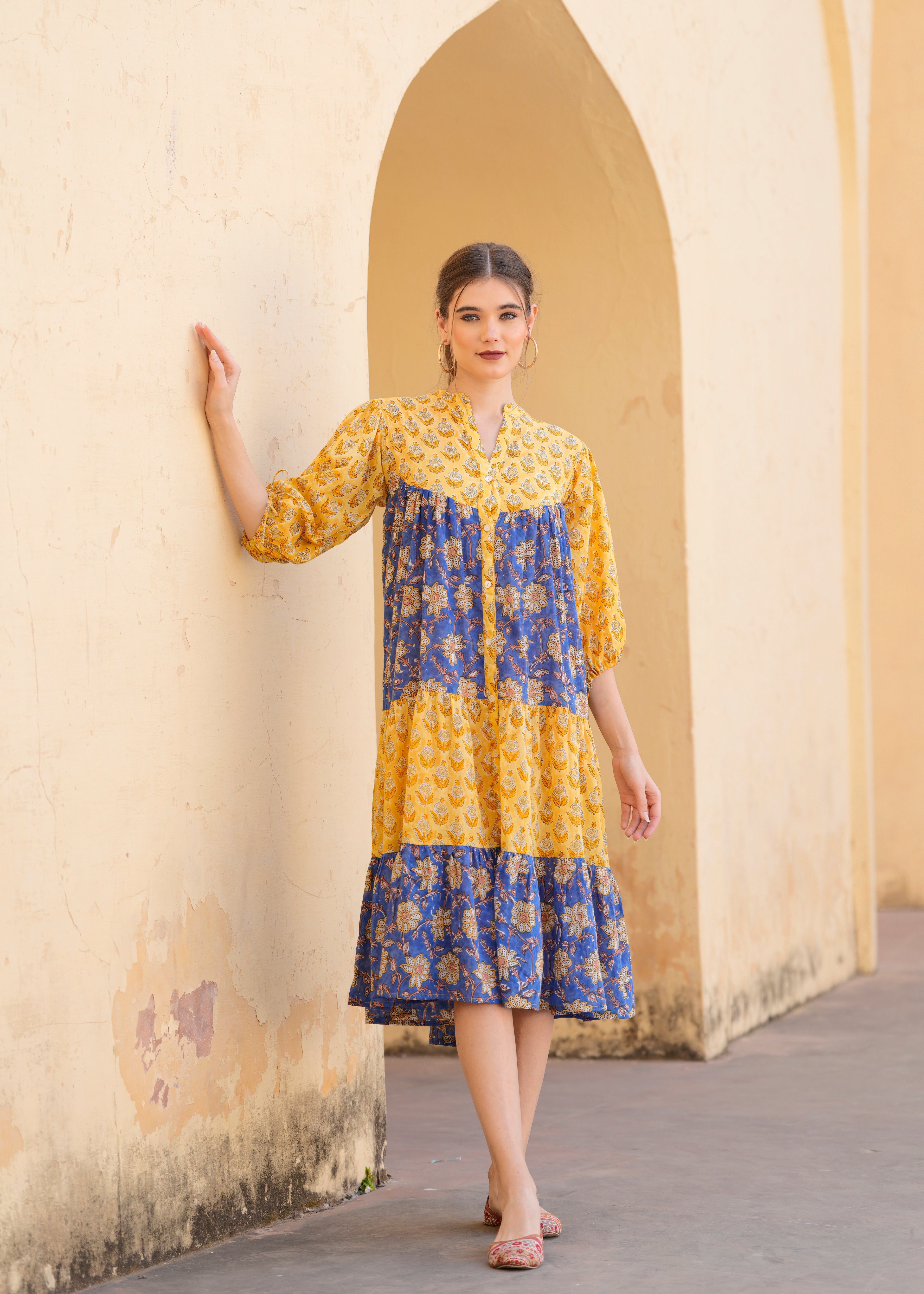 Introducing Beautiful Hand Block printed Yellow Blue Prachi Midi Dress