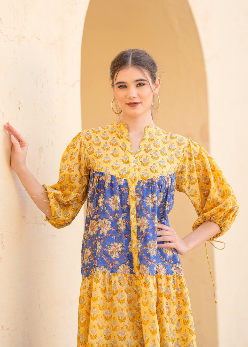 Introducing Beautiful Hand Block printed Yellow Blue Prachi Midi Dress