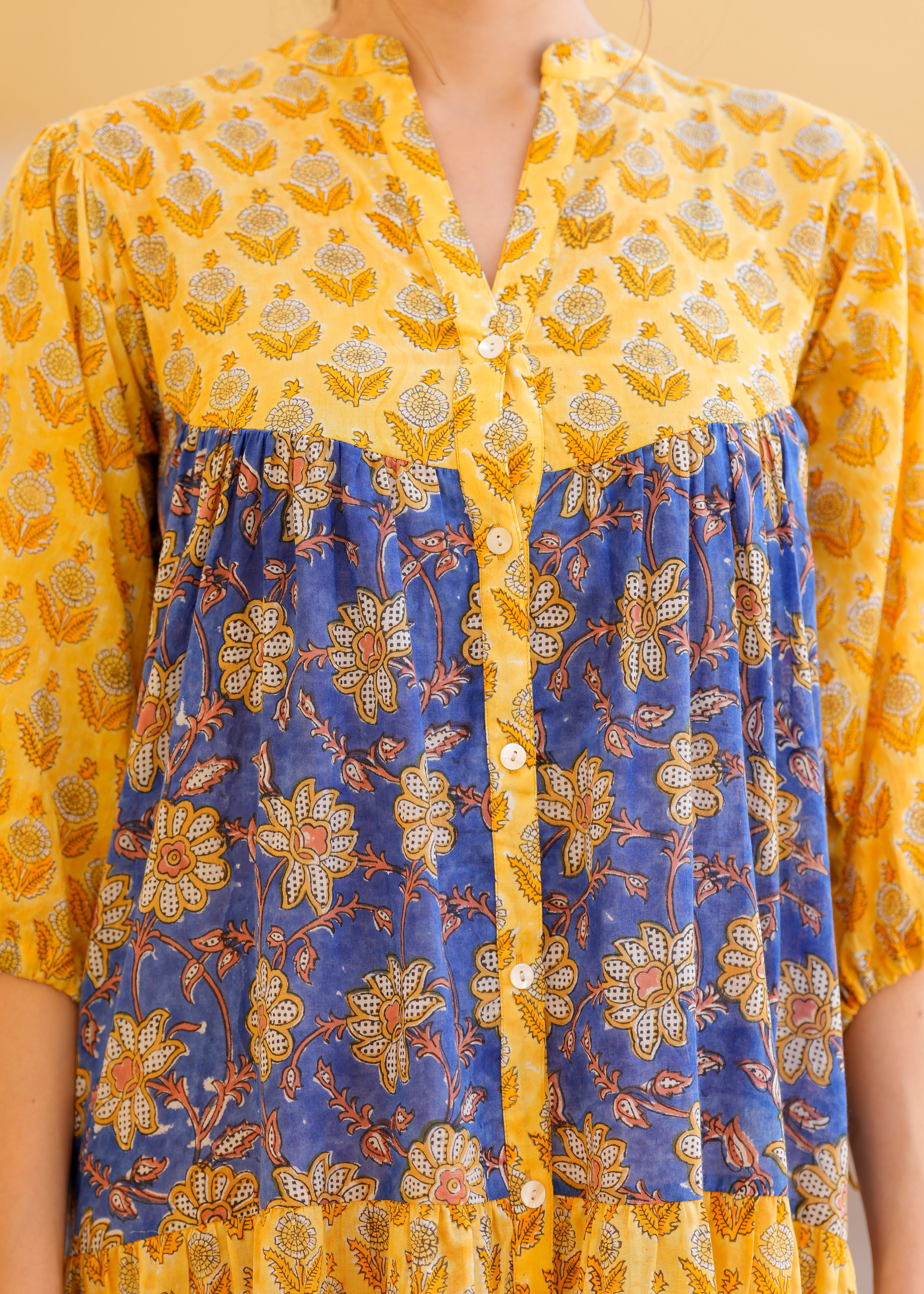 Introducing Beautiful Hand Block printed Yellow Blue Prachi Midi Dress