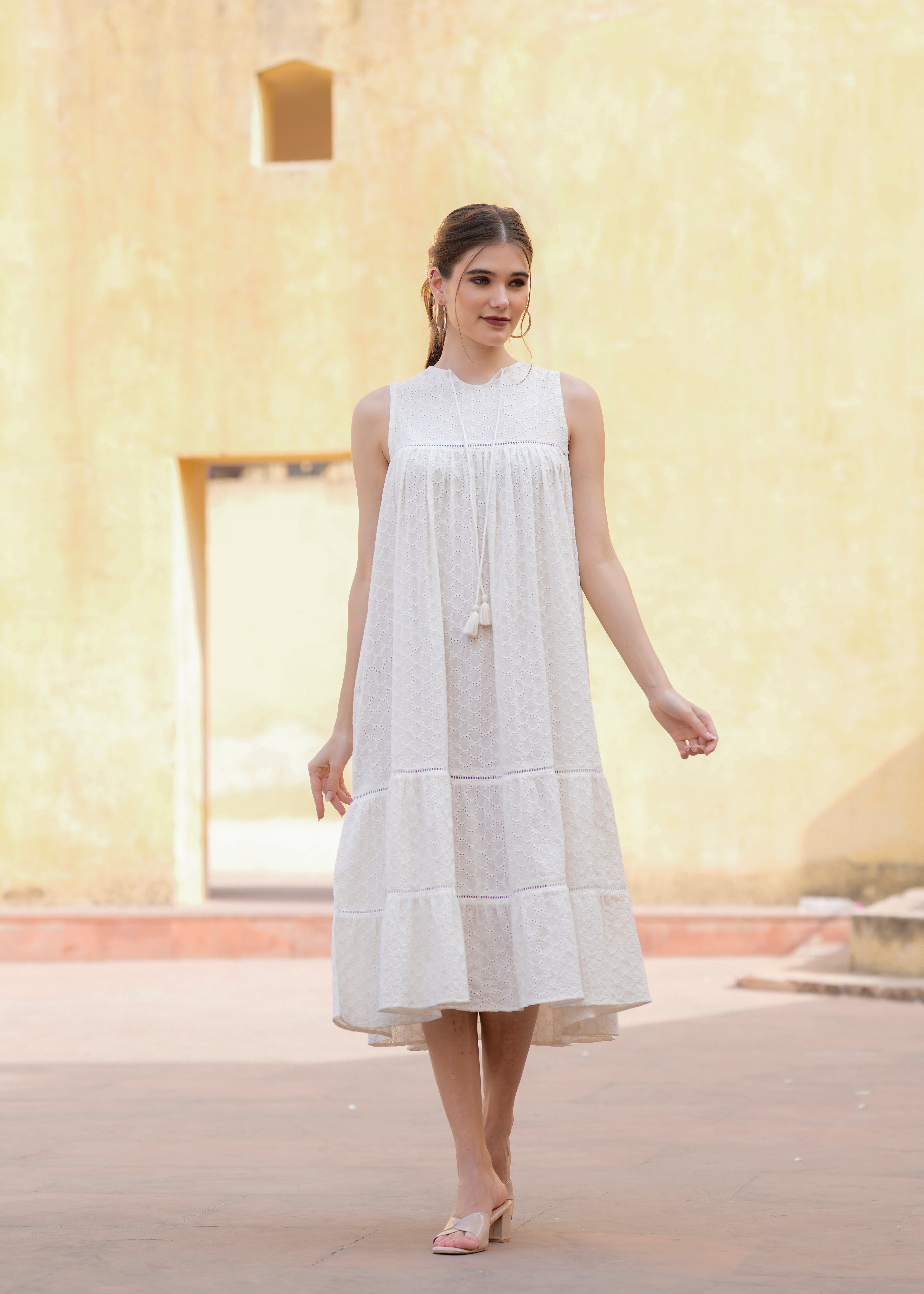 White Cotton Schiffli Women Summer Sleeves Less Midi Dress