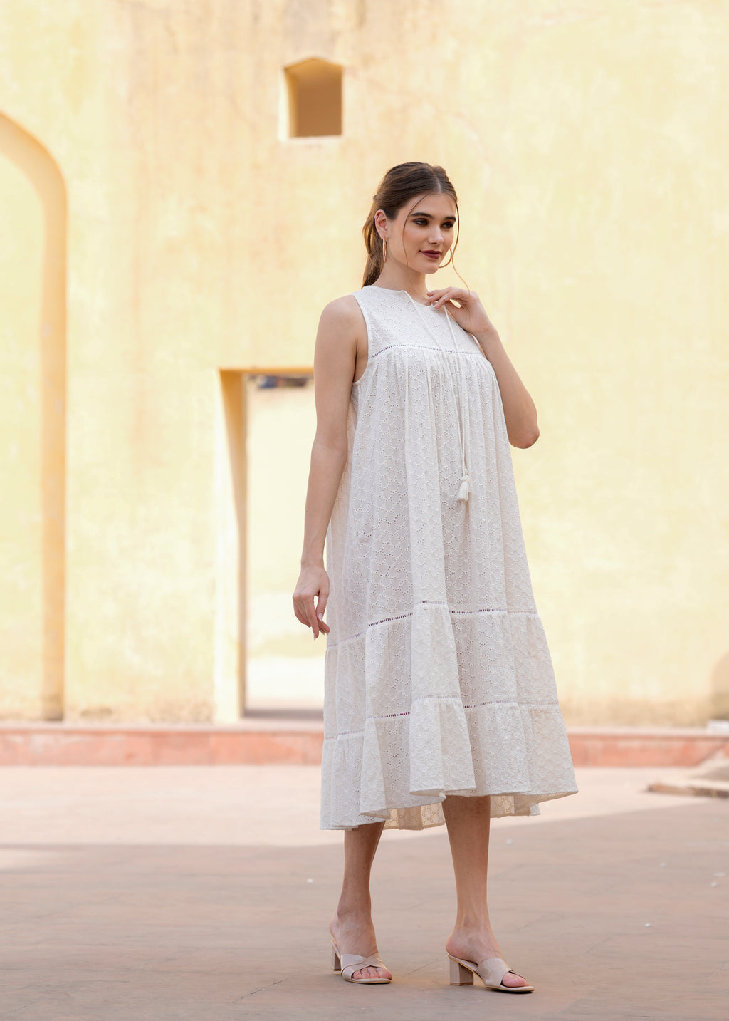 White Cotton Schiffli Women Summer Sleeves Less Midi Dress