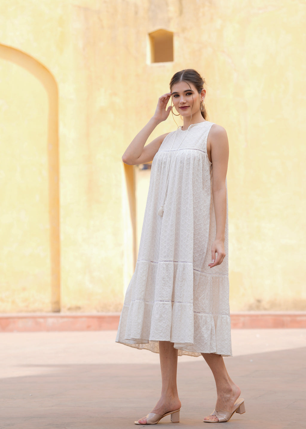 White Cotton Schiffli Women Summer Sleeves Less Midi Dress
